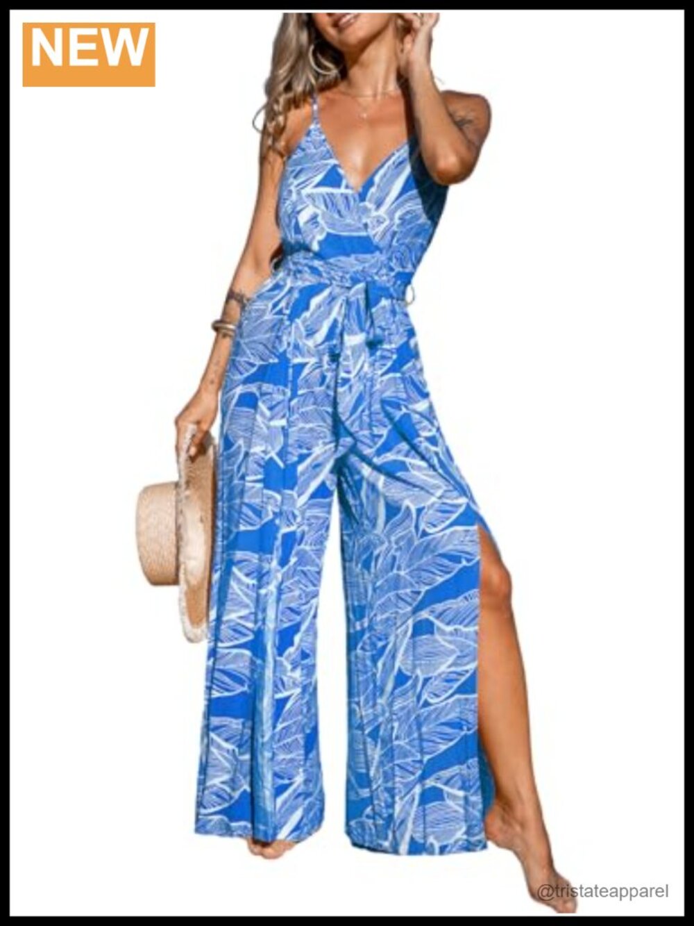 Sleeveless Wide Leg Jumpsuit - 100% Rayon, Tropical Print, Sleeveless, Vacation